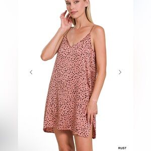 Zenana Outfitters Leopard Print Satin VNeck Cami Tunic Dress/Chemise, Rust, Sz S